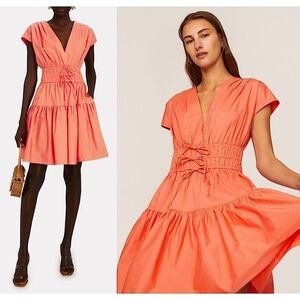 DEREK LAM Coral Cotton Smocked Ruched Tie Waist Short Sleeve Flare Mini Dress 12
